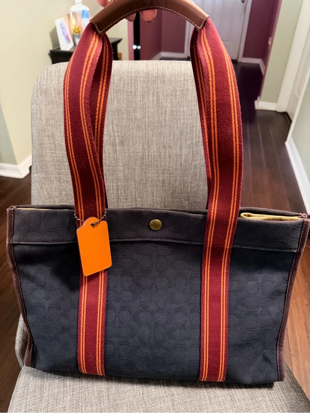 Coach Black Canvas Tote with Burgundy and Orange Straps with leather trim